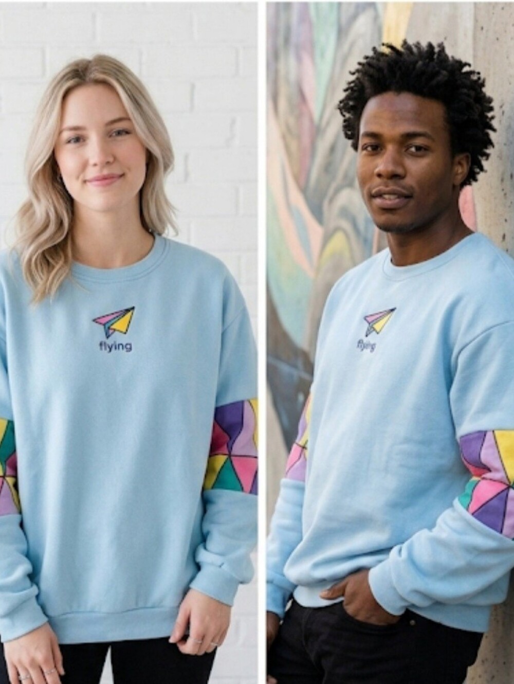 Blue Sweatshirt FLYING PAPER PLANE  rainbow